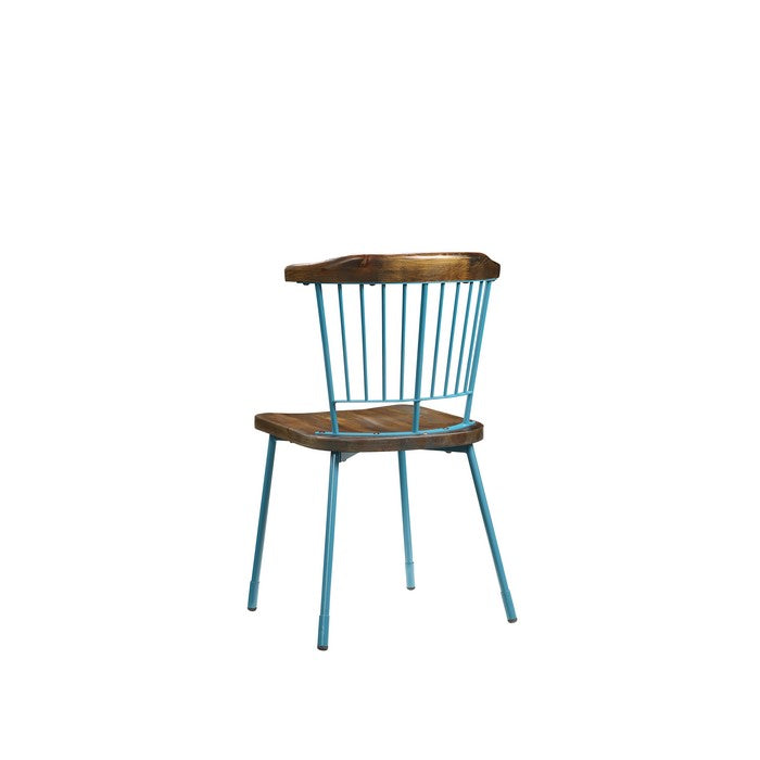Wood and Metal Side Chairs with Slat Style Back, Blue and Brown, Set of Two