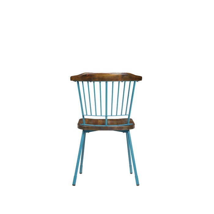 Wood and Metal Side Chairs with Slat Style Back, Blue and Brown, Set of Two