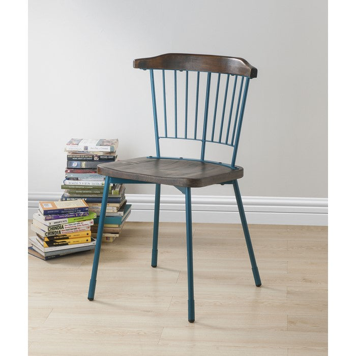Wood and Metal Side Chairs with Slat Style Back, Blue and Brown, Set of Two