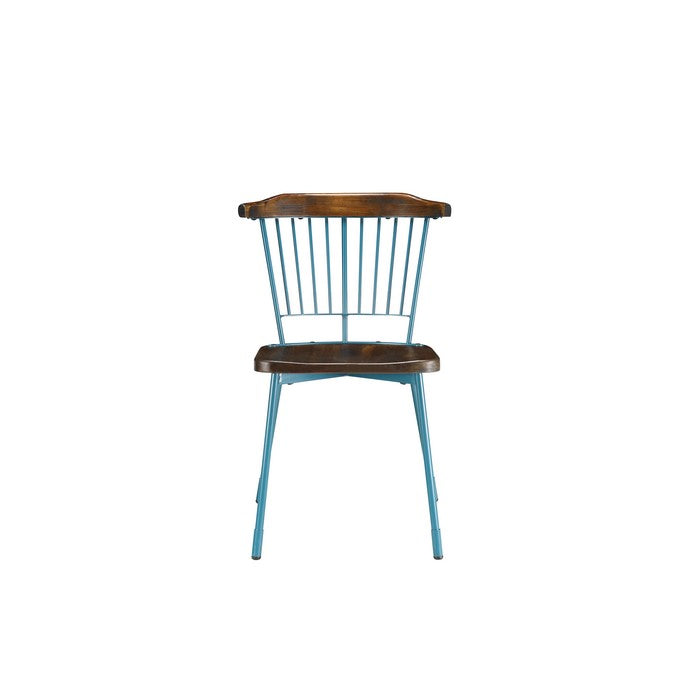 Wood and Metal Side Chairs with Slat Style Back, Blue and Brown, Set of Two