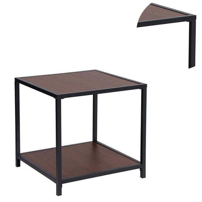 Metal Frame End Table with Wooden Top and Bottom Shelf, Brown and Black