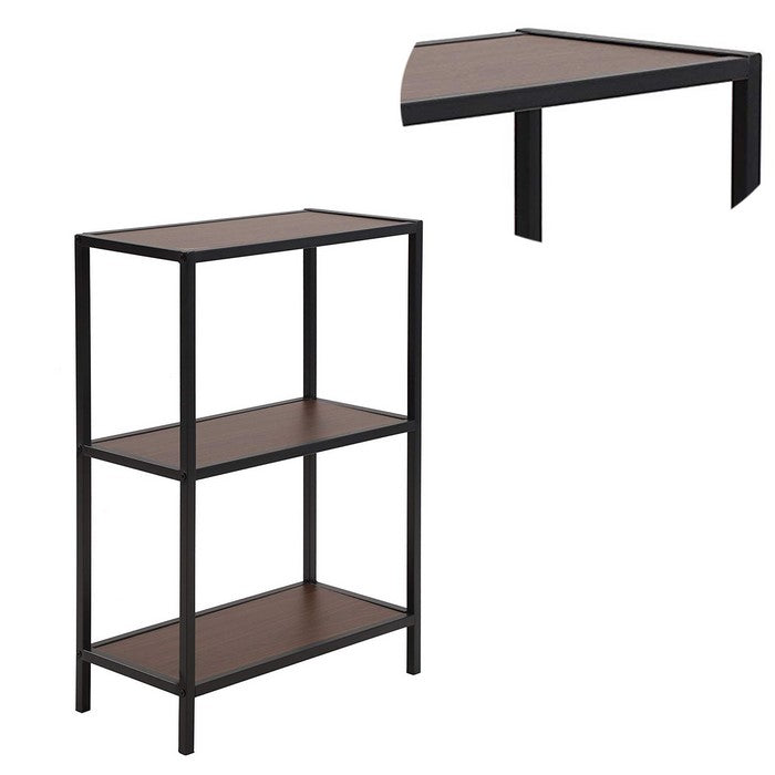 Three Tiered Wooden Storage Shelf with Metal Framework, Brown and Black
