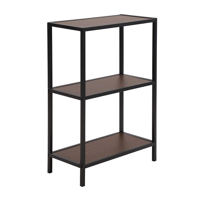 Three Tiered Wooden Storage Shelf with Metal Framework, Brown and Black