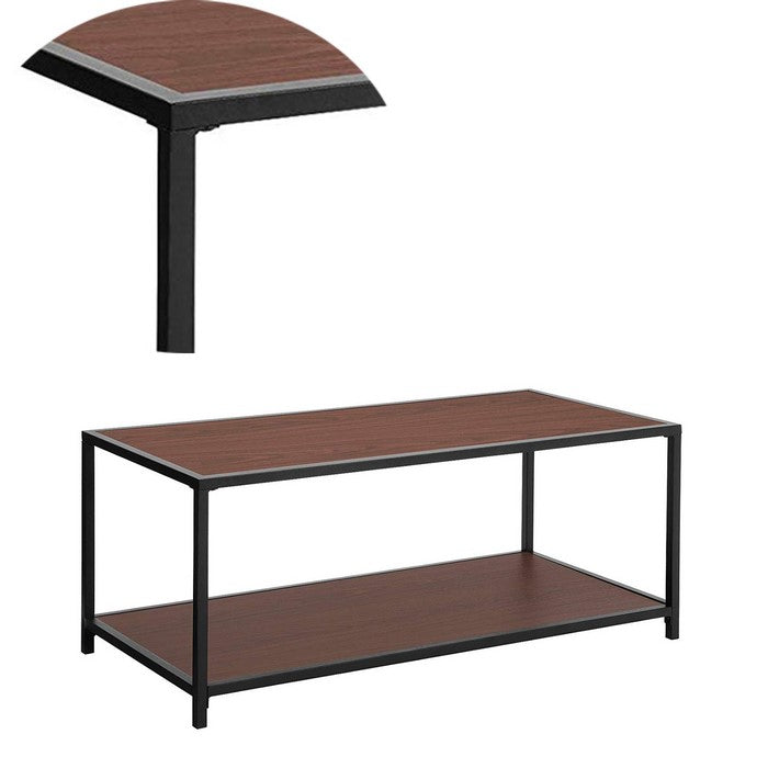 Iron Frame Coffee Table with Wooden Top and Bottom Shelf, Brown and Black