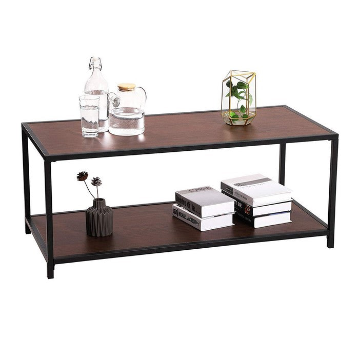Iron Frame Coffee Table with Wooden Top and Bottom Shelf, Brown and Black