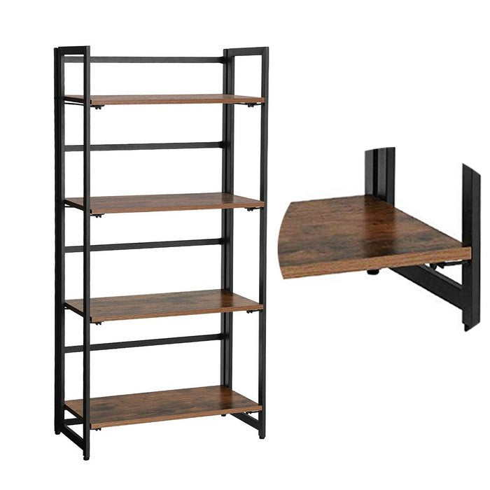 Four Tier Foldable Wooden Storage Shelf with Metal Framework, Brown and Black
