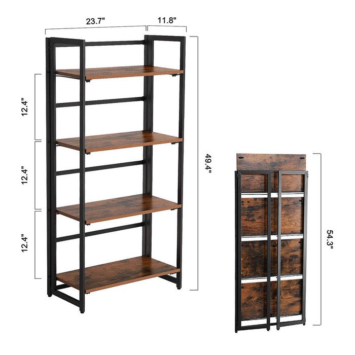 Four Tier Foldable Wooden Storage Shelf with Metal Framework, Brown and Black