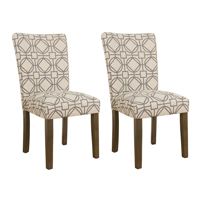 Parson Dining Chairs with Trellis Patterned Fabric Upholstered Seating, Beige and Gray, Set of Two