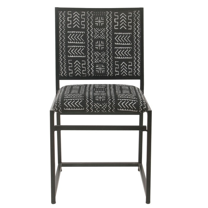 Metal Dining Chair with Aztec Patterned Fabric Padded Seating, Black and White