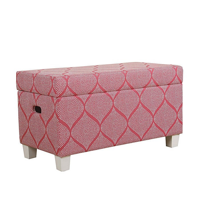 Fabric Upholstered Wooden Bench with Additonal Storage Unit and Patterned Design, Pink