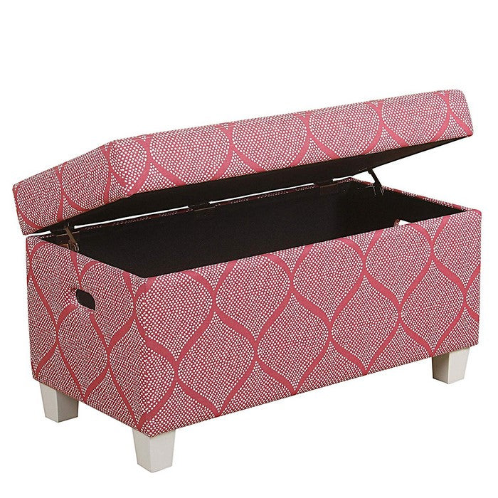 Fabric Upholstered Wooden Bench with Additonal Storage Unit and Patterned Design, Pink