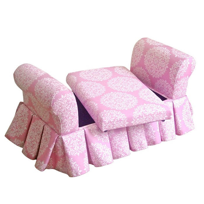Fabric Upholstered Wooden Skirted Storage Bench with Removable Cushioned Seats, White and Pink