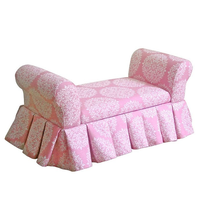 Fabric Upholstered Wooden Skirted Storage Bench with Removable Cushioned Seats, White and Pink
