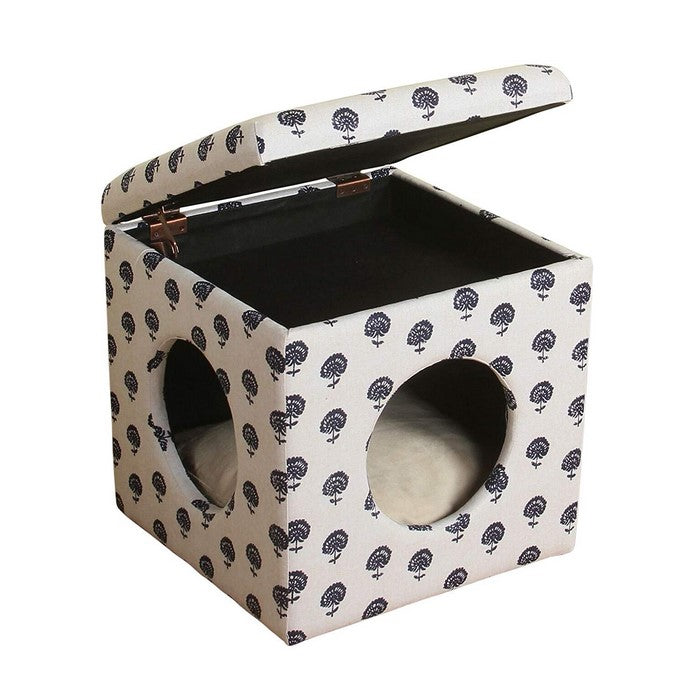 Uniquely Designed Fabric Upholstered Wooden Ottoman Pet Bed with Lift Up Lids, White and Black