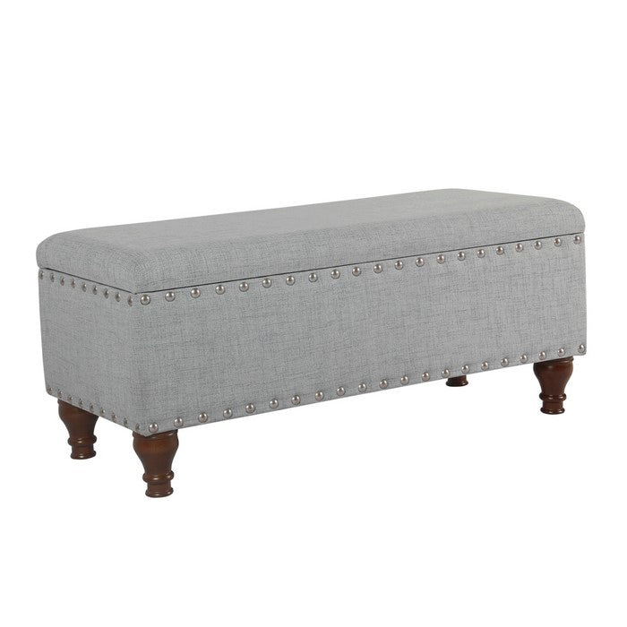 Fabric Upholstered Wooden Storage Bench with Nailhead Trims and Hidden Storage, Brown and Gray