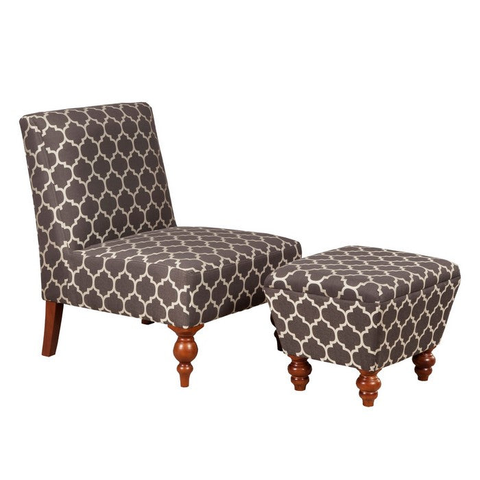 Trellis Pattern Fabric Upholstered Wooden Accent Chair with Ottoman, Multicolor, Set of Two
