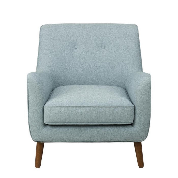 Button Tufted Fabric Upholstered Wooden Accent Chair with Slanted Legs, Blue and Brown