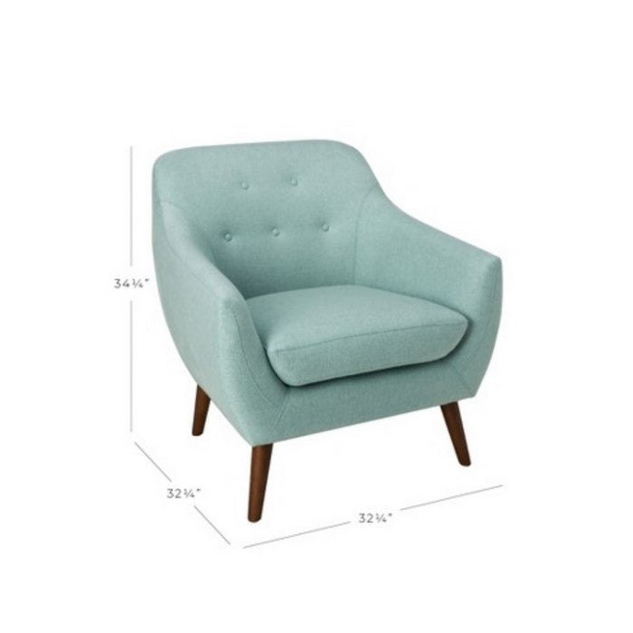 Fabric Upholstered Wooden Accent Chair with Button Tufted Back and Cushioned Seat, Blue and Brown