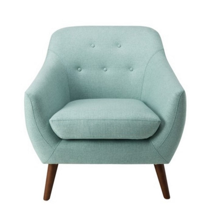 Fabric Upholstered Wooden Accent Chair with Button Tufted Back and Cushioned Seat, Blue and Brown
