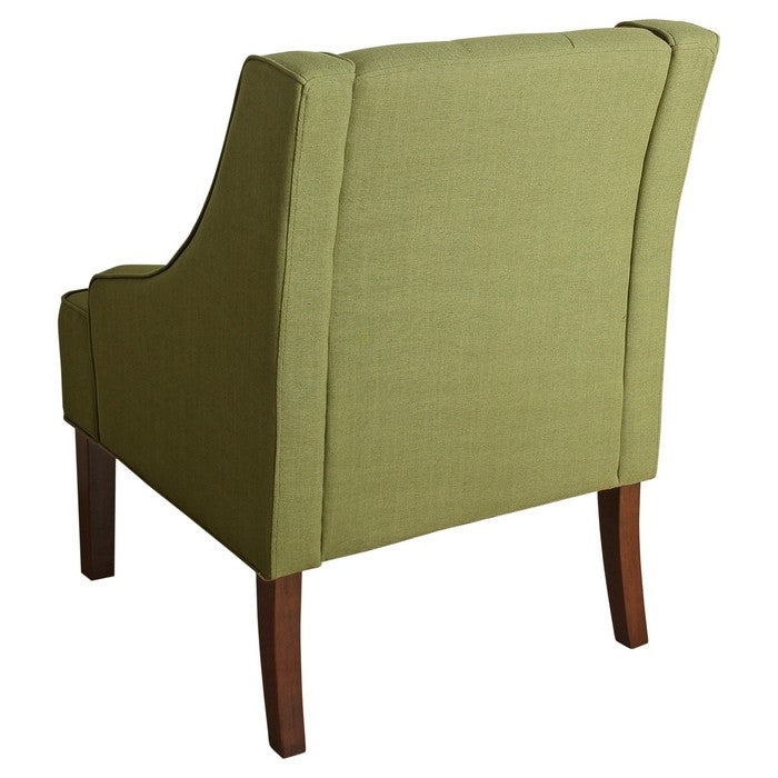 Button Tufted Swoop Arm  Wooden Accent Chair with Block Legs, Green and Brown