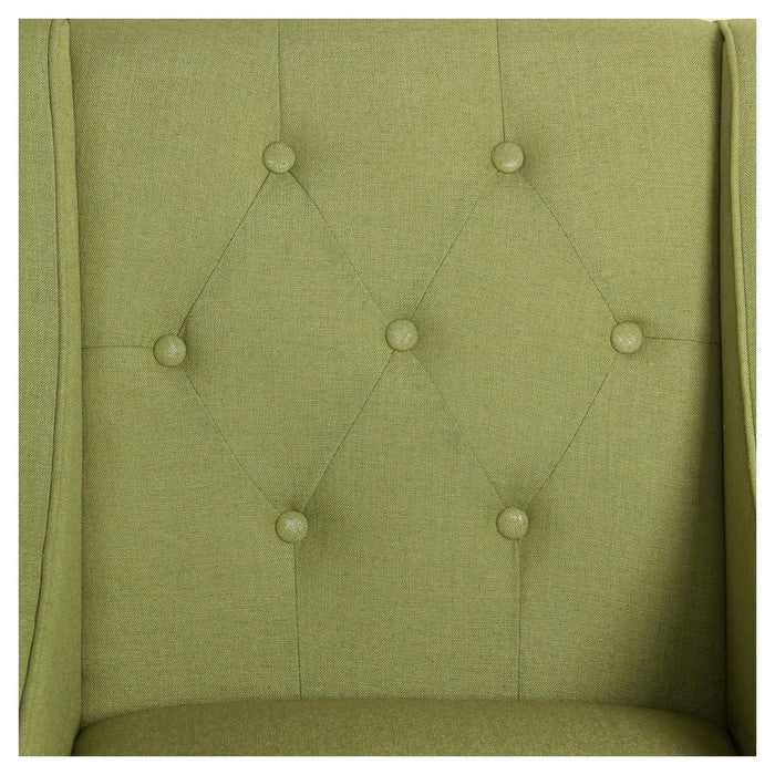 Button Tufted Swoop Arm  Wooden Accent Chair with Block Legs, Green and Brown