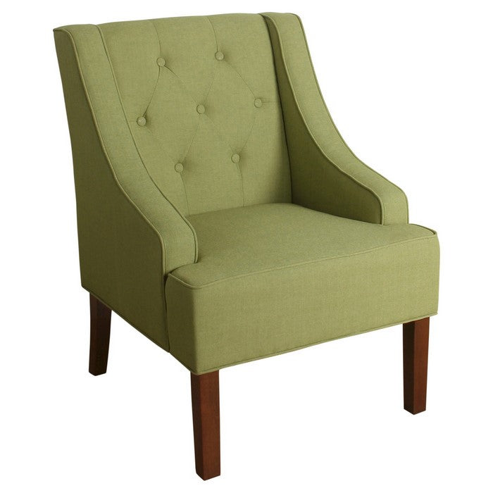 Button Tufted Swoop Arm  Wooden Accent Chair with Block Legs, Green and Brown