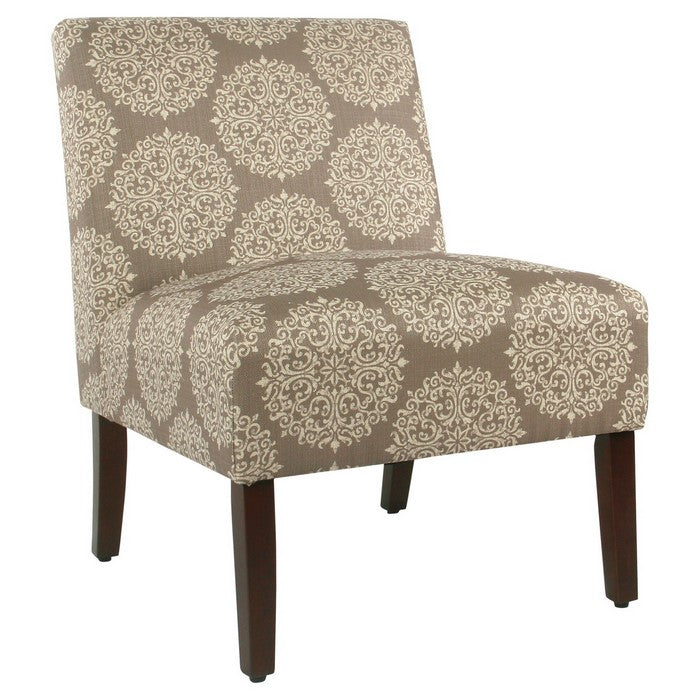 Medallion Printed Fabric Upholstered Wooden Accent Chair with Blocked Legs, Brown and Cream