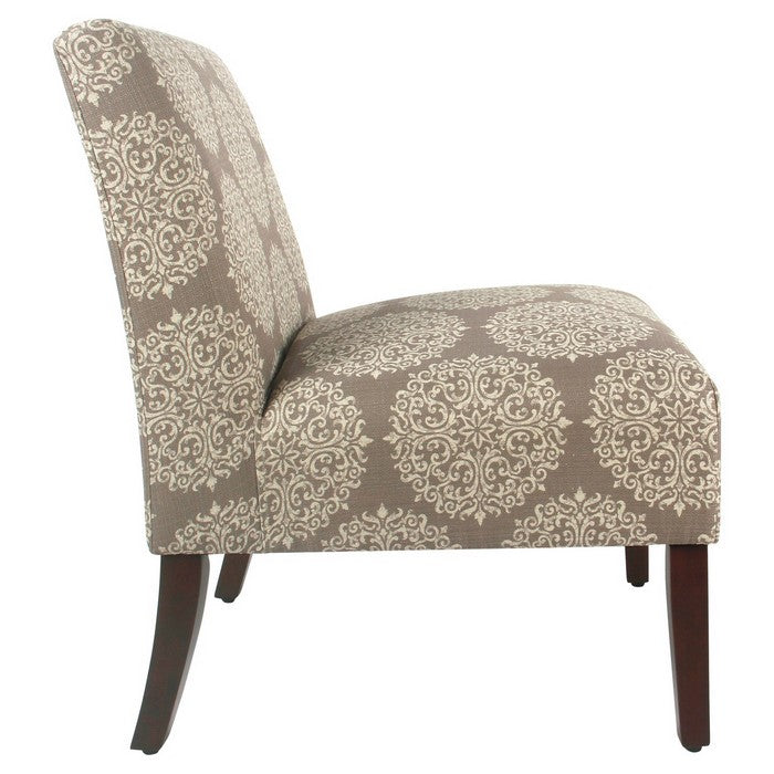 Medallion Printed Fabric Upholstered Wooden Accent Chair with Blocked Legs, Brown and Cream