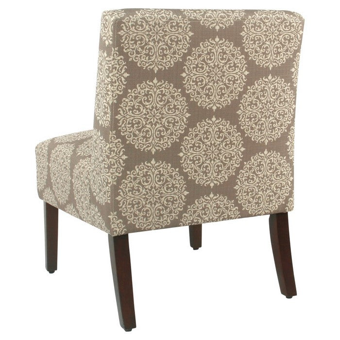 Medallion Printed Fabric Upholstered Wooden Accent Chair with Blocked Legs, Brown and Cream