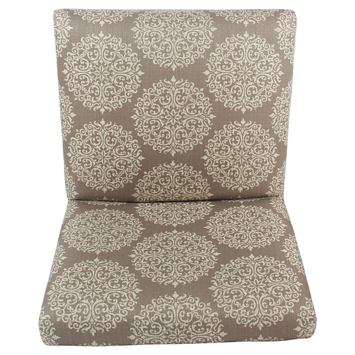 Medallion Printed Fabric Upholstered Wooden Accent Chair with Blocked Legs, Brown and Cream