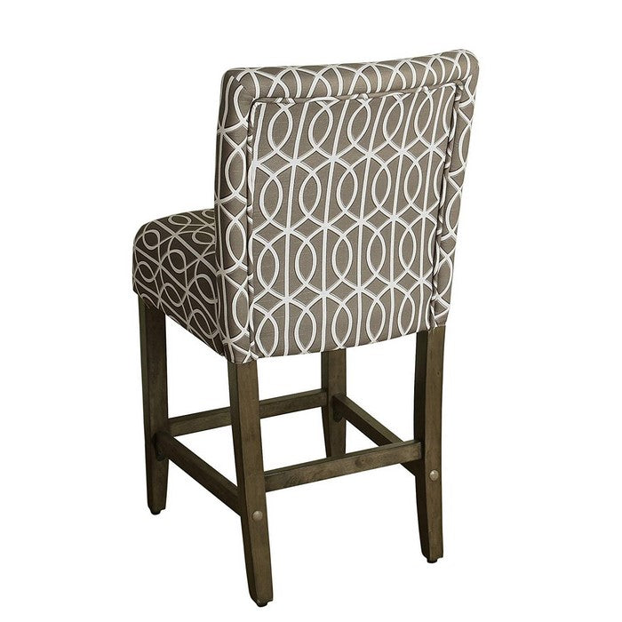 Trellis Pattern Fabric Upholstered Wooden Barstool with Backrest, Brown and Cream