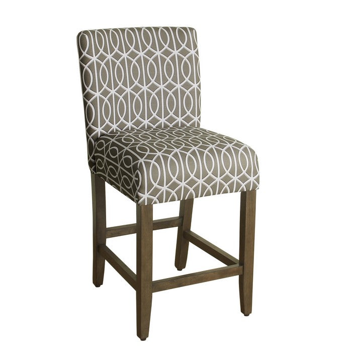 Trellis Pattern Fabric Upholstered Wooden Barstool with Backrest, Brown and Cream