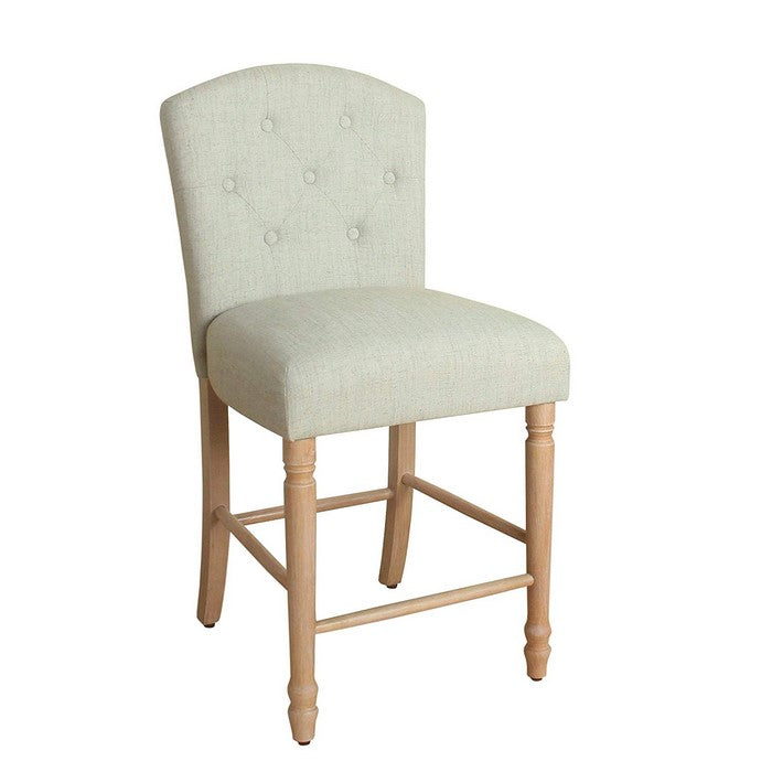 Wooden Counter Stool with Fabric Upholstery and Curved Top Backrest, Small, Gray and Brown