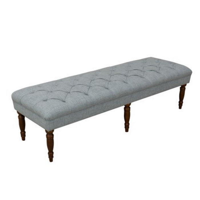 Fabric Upholstered Wooden Bench with Tufted Seat and Turned Legs, Blue and Brown