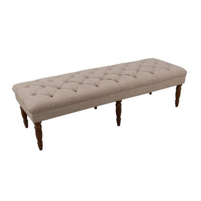 Fabric Upholstered Wooden Bench with Tufted Seat and Turned Legs, Beige and Brown