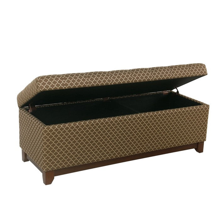 Fabric Upholstered Wooden Bench with Geometric Pattern and Hidden Storage, Brown