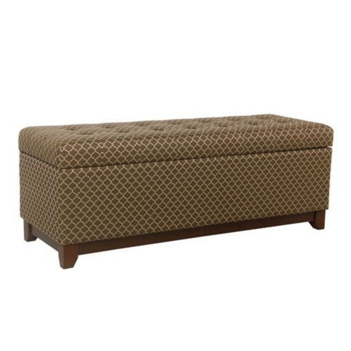Fabric Upholstered Wooden Bench with Geometric Pattern and Hidden Storage, Brown