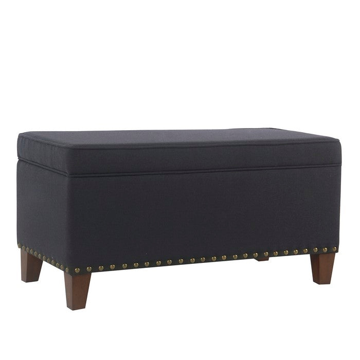 Fabric Upholstered Storage Bench with Wooden Tapered Legs, Navy Blue and Brown