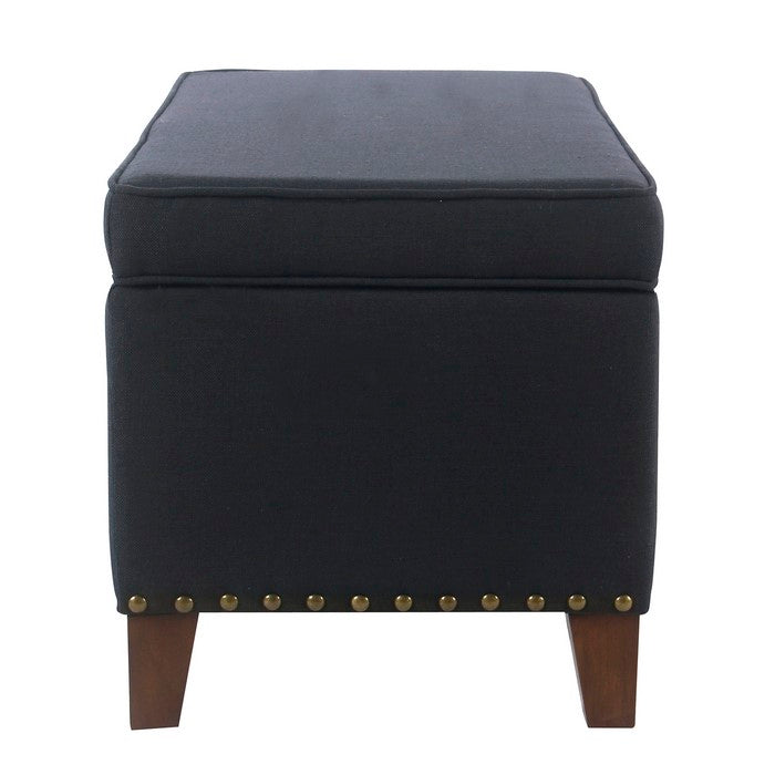 Fabric Upholstered Storage Bench with Wooden Tapered Legs, Navy Blue and Brown