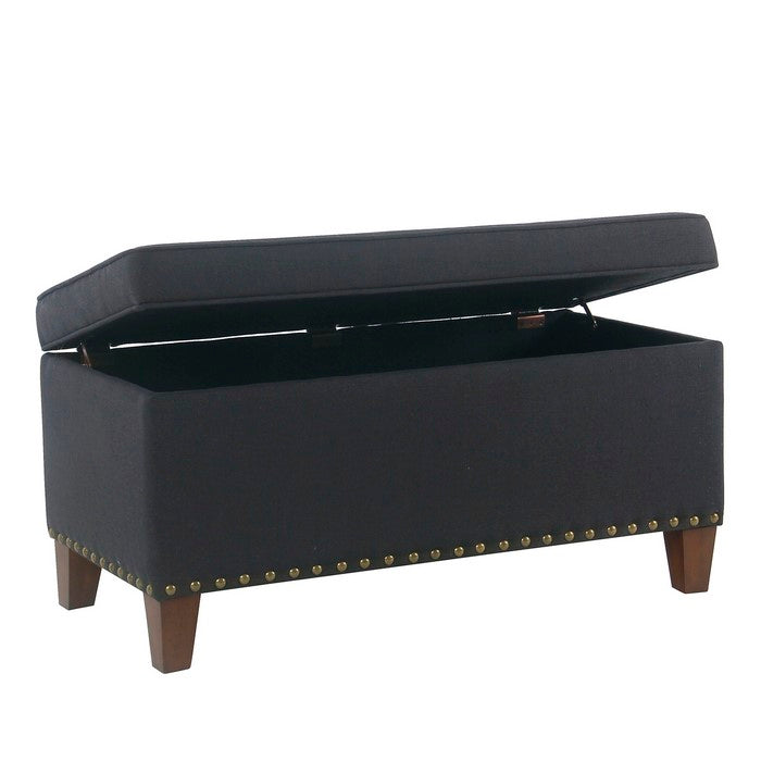 Fabric Upholstered Storage Bench with Wooden Tapered Legs, Navy Blue and Brown