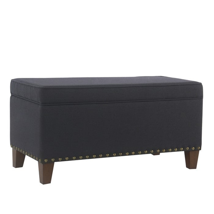 Fabric Upholstered Storage Bench with Wooden Tapered Legs, Navy Blue and Brown