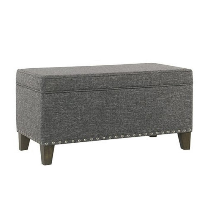 Fabric Upholstered Storage Bench with Wooden Tapered Legs, Gray and Brown