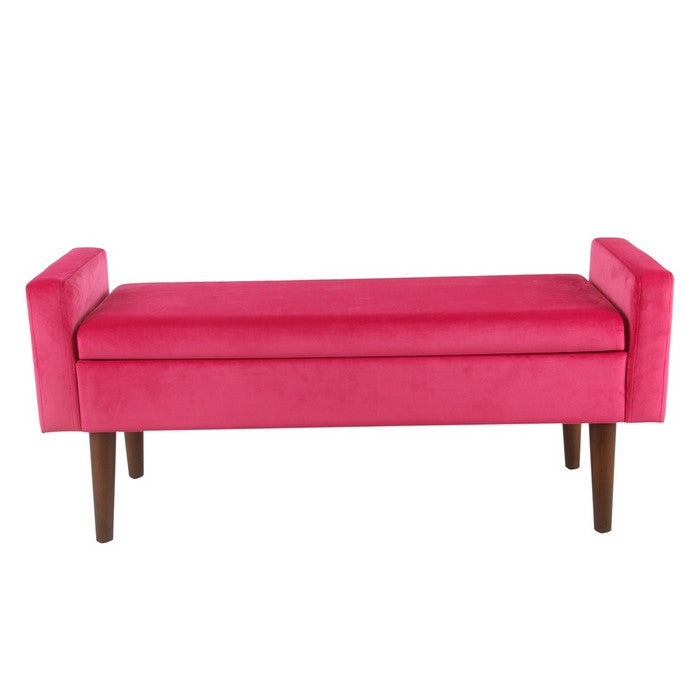 Velvet Upholstered Wooden Bench with Tapered Legs and Track Armrest, Pink and Brown