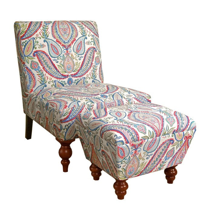 Wood and Fabric Accent Chair and Ottoman with Printed Paisley Pattern, Pack of Two, Multicolor