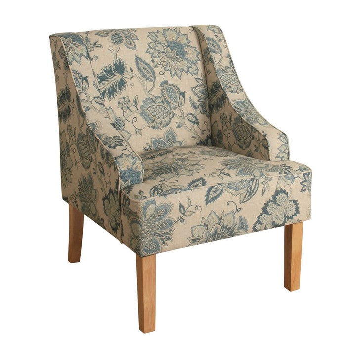 Fabric Upholstered Wooden Accent Chair with Jacobean Pattern, Tan, Blue and Brown