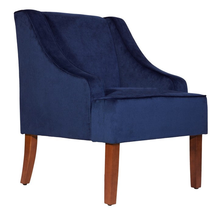 Velvet Fabric Upholstered Wooden Accent Chair with Swooping Armrests, Blue and Brown