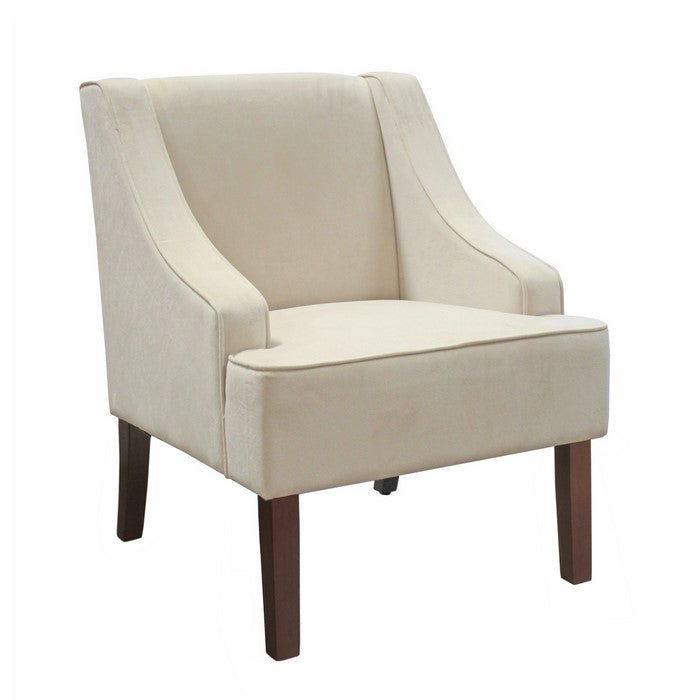 Fabric Upholstered Wooden Accent Chair with Swooped Armrests, Cream and Brown