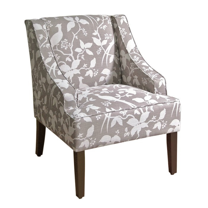 Fabric Upholstered Wooden Accent Chair with Swooping Arms, Gray and Brown
