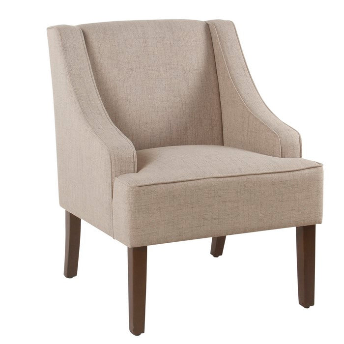 Fabric Upholstered Wooden Accent Chair with Swooping Armrests, Beige and Brown