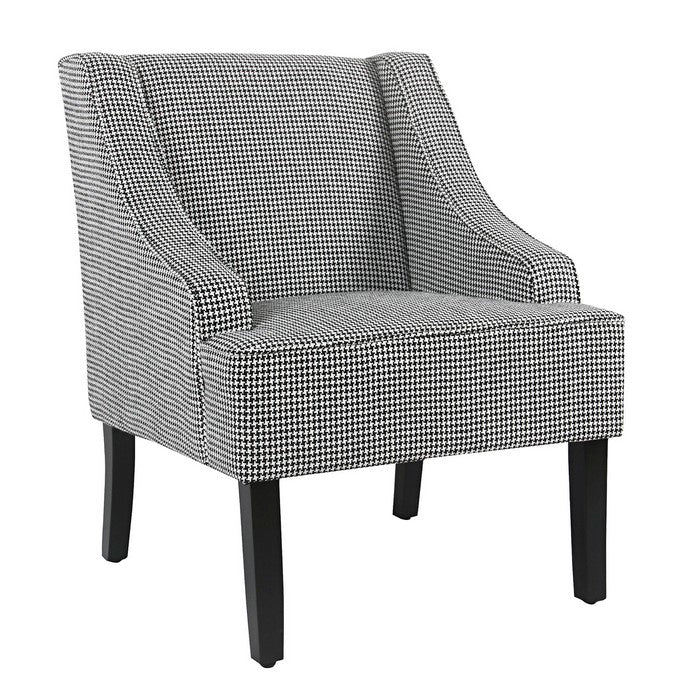 Fabric Upholstered Wooden Accent Chair with Check Pattern, Black and White